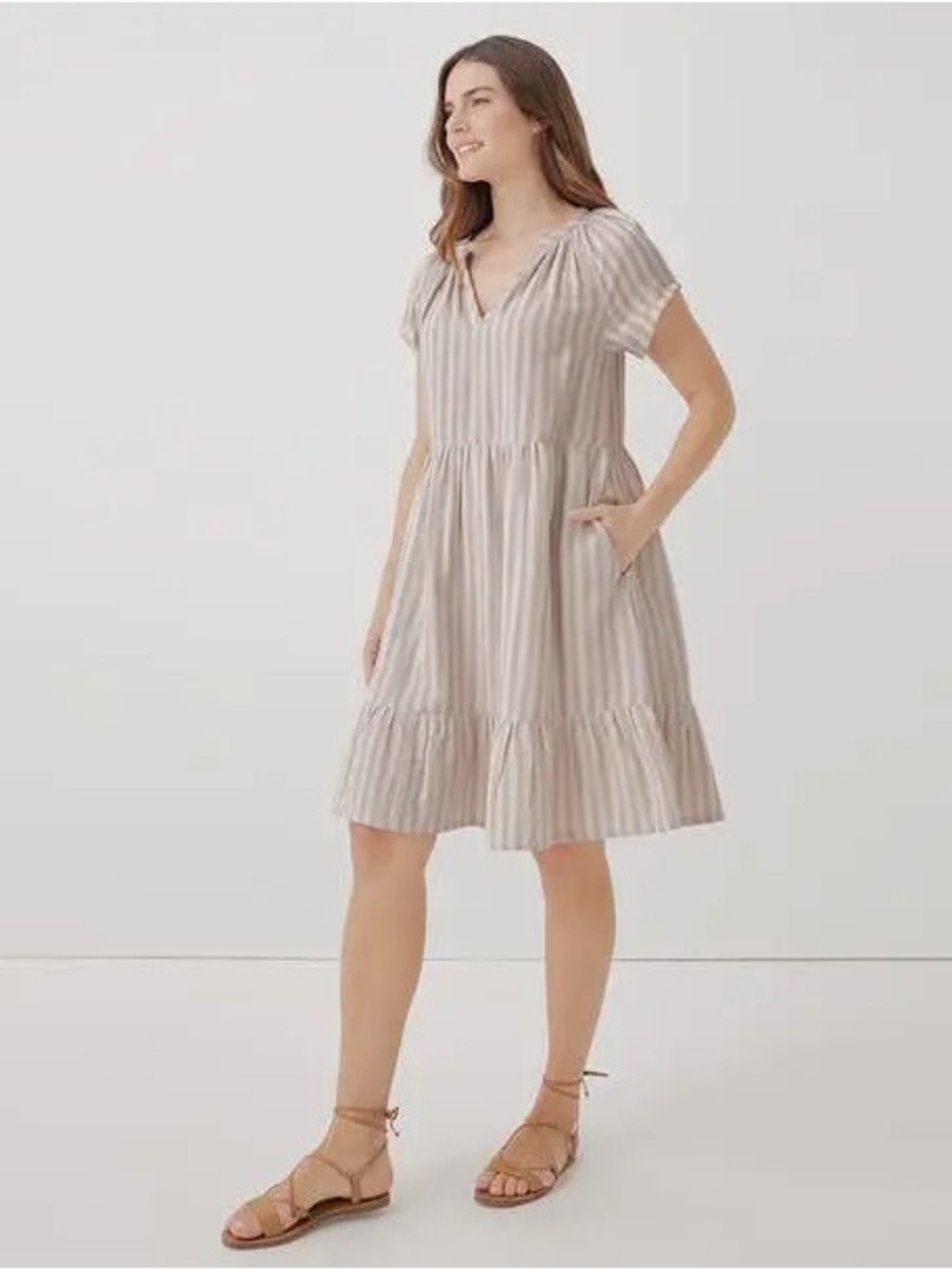 Pact Beige and White Striped Mini Dress